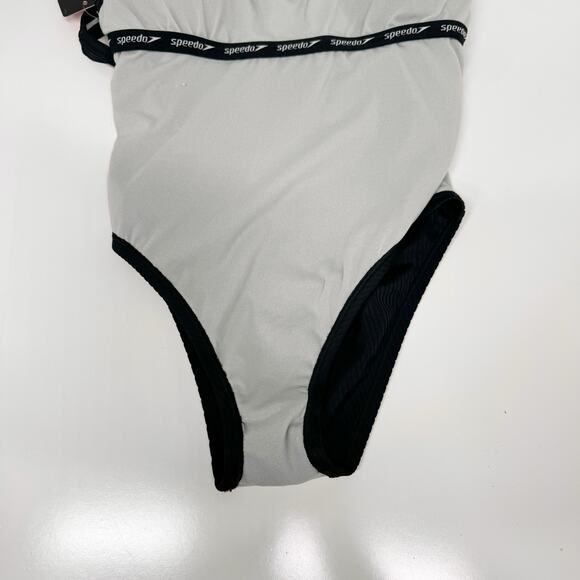 NWT Speedo Rib Logo One Piece Swimsuit Black Swimwear UPF 50 Pool Beach Size 6 - Picture 8 of 12